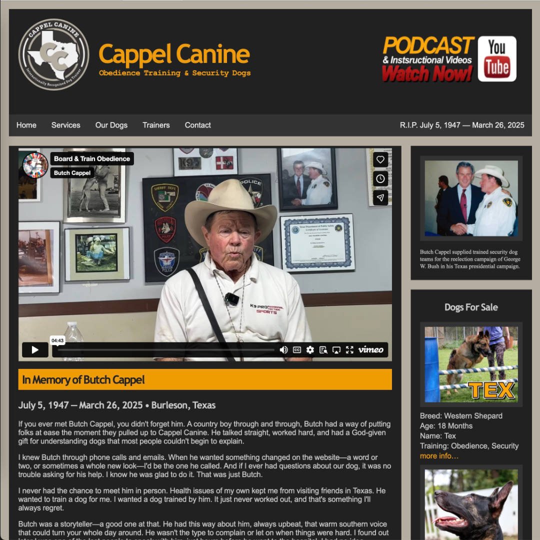 Cappel Canine 2020 website homepage featuring dog training