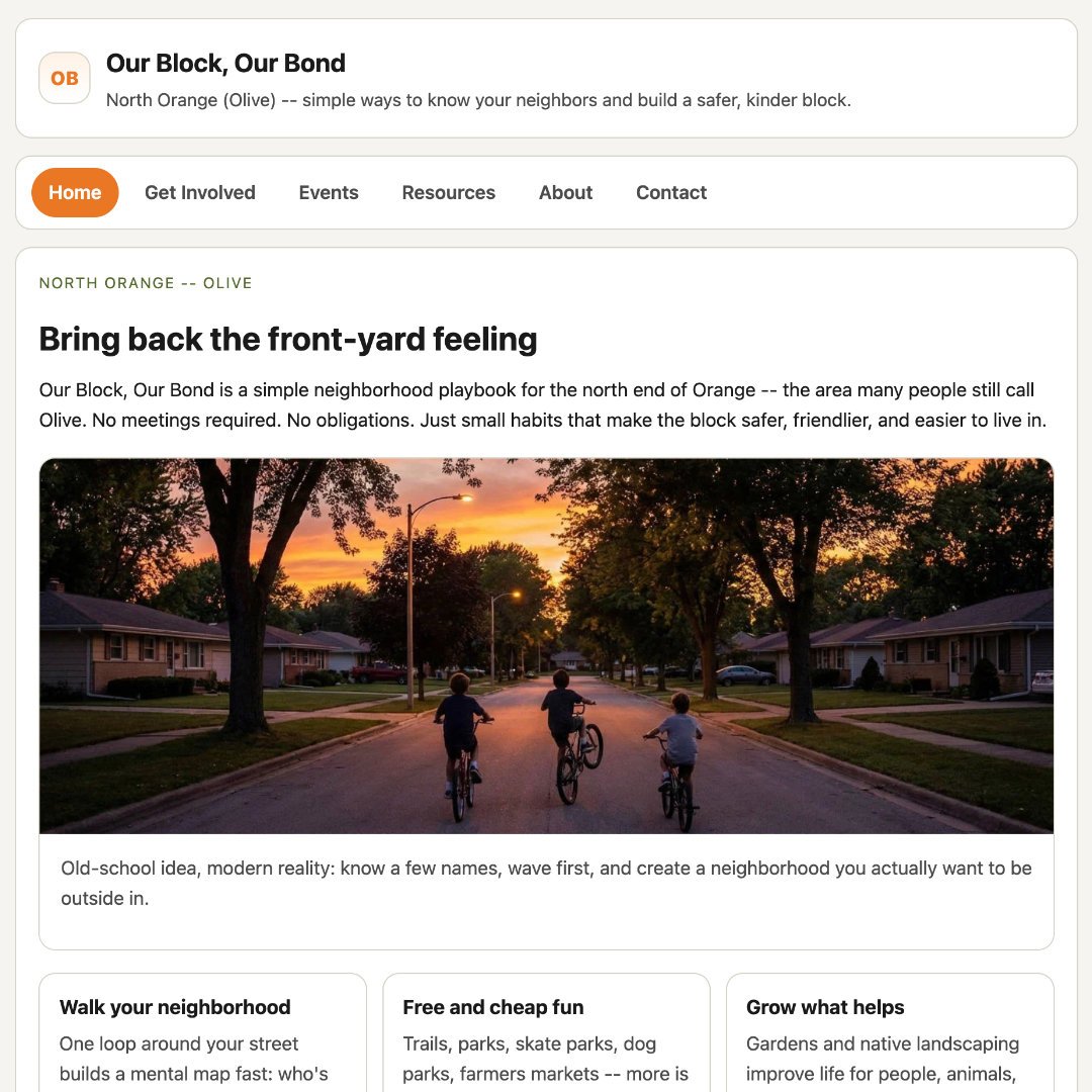 Our Block, Our Bond community website homepage