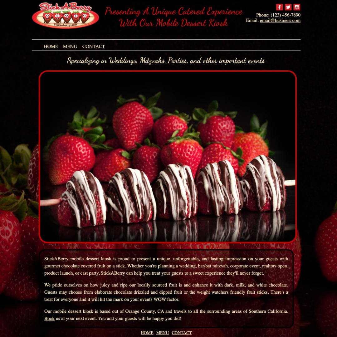 Stick A Berry website homepage Chocolate Covered Fruit On A Skewer
