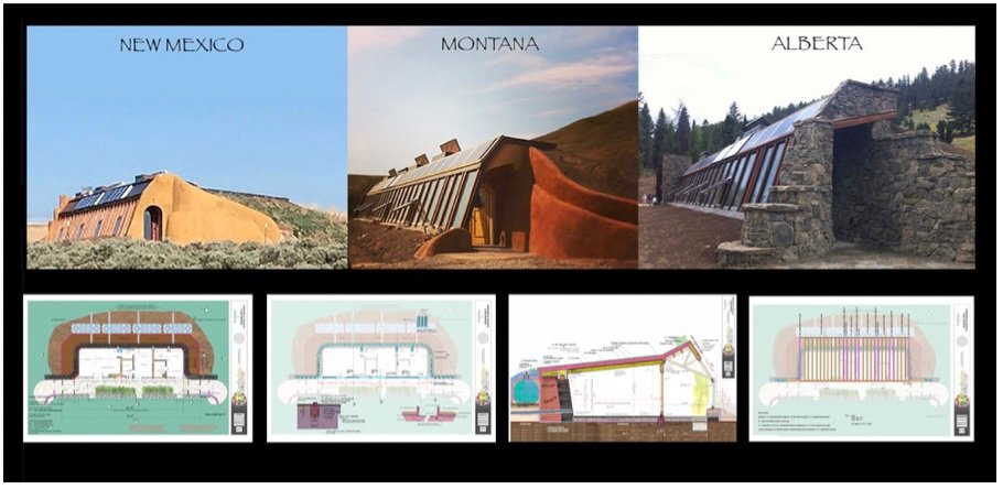 Earthship architectural drawings showing design layout and integrated systems